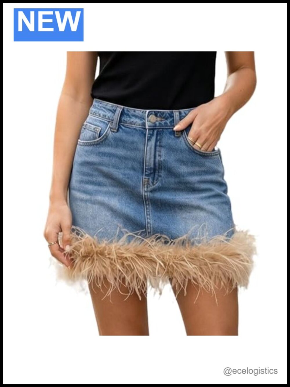 High Waisted Mini Denim Skirt Ostrich Feather Fringe Zip Fly